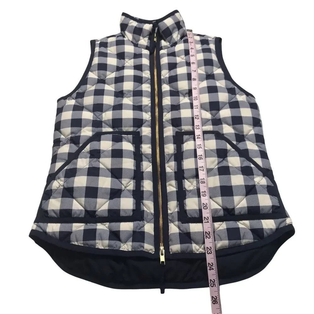 J. Crew Buffalo Check Cream and Navy Double Zip Down Filled Puffer Vest Sz XXS